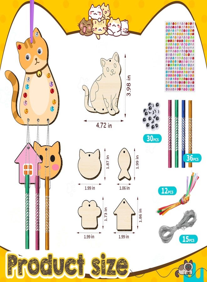 TREACLUB 12 Pack Wind Chime Kit for Kids, Make Your Own Wind Chime DIY Wood Arts and Crafts Decorative Coloring Wooden Hanging Ornaments for Girls Boys Home School Activity Party Supplies(Cute Cat) - Image 2